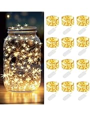 12 Pack Fairy Lights Battery Operated 2M 20LED Mini String Lights Mason Jar Lights Waterproof Silver Wire Light Fireflies Twinkle Lights for Wedding Centerpiece Party Christmas Table Decor (WARM)