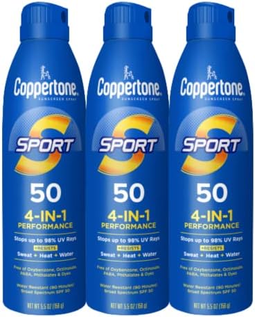 Coppertone Sport Sunscreen Spray SPF 50, Water Resistant Spray Sunscreen, Broad Spectrum SPF 50 Sunscreen, Bulk Sunscreen Pack, 5.5 Oz Bottle, Pack of 3