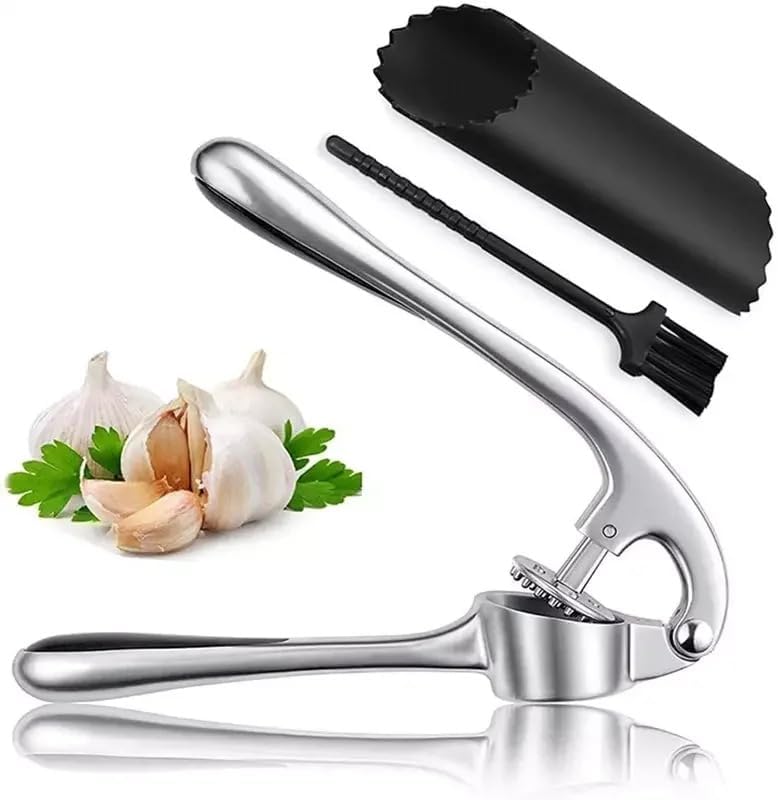 Garlic Press, Premium Garlic Mincer & Peeler, Easy to Clean 3 Piece Set with Ergonomic Handle