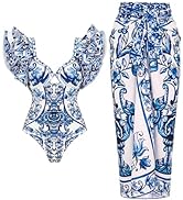 FLAXMAKER Ruffle Blue and White Porcelain Pattern Majolica Print One Piece Swimsuit and Skirt/Sarong