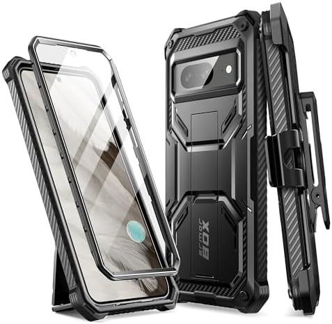 i-Blason for Google Pixel 8 Case with Built-in Screen Protector [Support Fingerprint ID] Full-Body Rugged Anti-Slip Bumper Protective Phone Case for Pixel 8 with Kickstand & Belt Clip (Black)