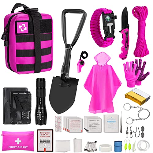 ThinkLearn Pink Survival Kits with First Aid Kit, Hiking Camping Gear and Equipment for Women, Professional Bug Out Bag Survi