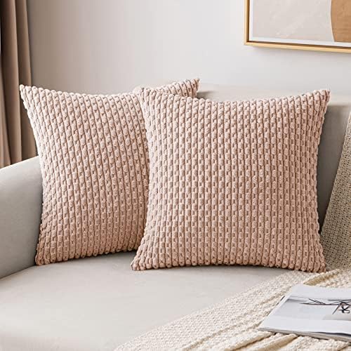 MIULEE Throw Pillow Covers Soft Corduroy Decorative Set of 2 Boho Striped Pillow Covers Pillowcases Farmhouse Home Decor for Couch Bed Sofa Living Room Spring 18x18 Inch Pink