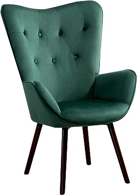 FurnitureR Velvet Accent Chair, Modern Wingback Tufted Vanity Armchair Upholstered Tall Back with Arms Solid Wood Legs for Living Bedroom Waiting Room Lounge Leisure, Dark Green