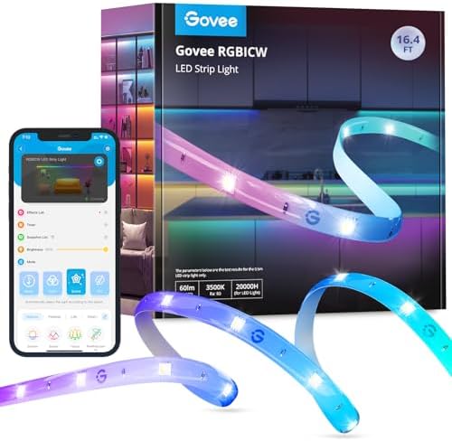 Govee RGBICW 5m LED Lights for Bedroom, with Warm White Smart WiFi Work with Alexa and Google Assistant, DIY Multicolour on One Line, Colour Changing LED Lights Music Sync