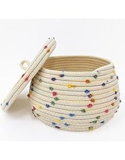 Esme L&amp;H Round Cotton Rope Basket with Lid - Decorative Baskets with Lids with Colorful Rainbow Pompom - Super Cute Rope Lidded Basket for Organizing and Hiding Clutter