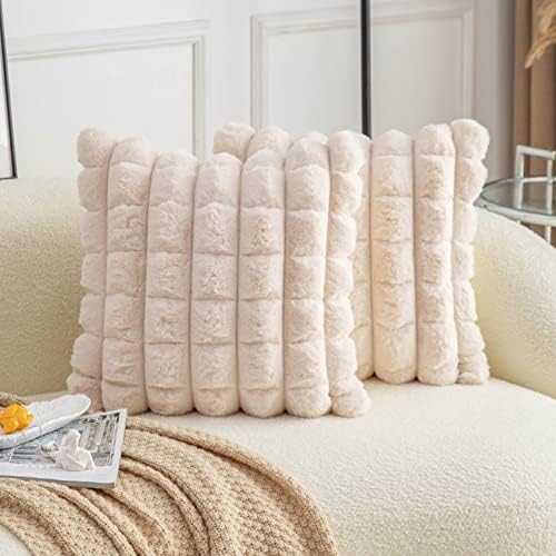 Neelvin Beige Faux Fur Cozy Soft Plaid Decorative Throw Pillow Covers 16x16 inch Set of 2,Velvet Pillowcase Cushion Case for Sofa Couch