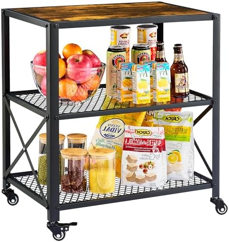 Tajsoon Serving Cart, 3-Tier Rolling Bar Cart on Wheels with Mesh Storage Shelves, Coffee Cart with Wheels, Kitchen Cart with Steel Frame, Rolling Serving Cart for Home, Living Room, Rustic Brown