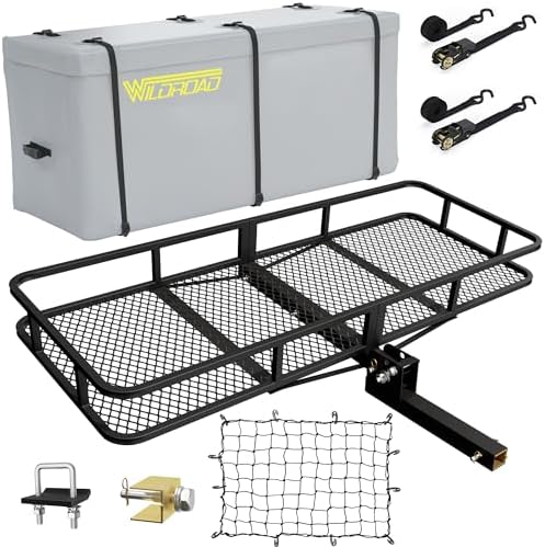 Wildroad Hitch Cargo Carrier Basket Combo 60" x 24" x 6" 500 LBS Folding Trailer Hitch Cargo Carrier Fits 2" Receiver with 18.2 Cubic feet Cargo Bag, Hitch Stabilizer, Cargo Net and Ratchet Straps