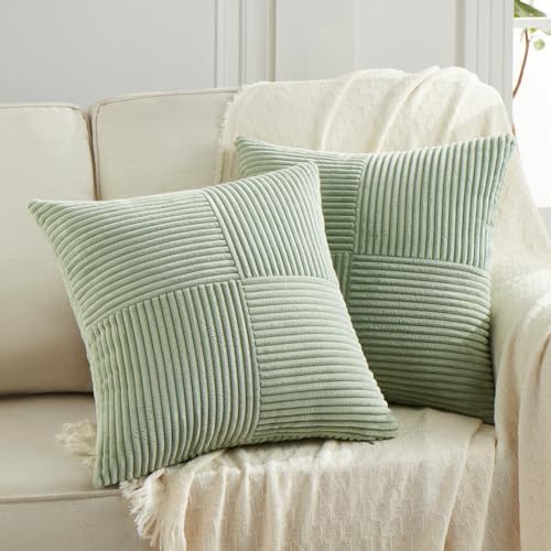 Fancy Homi 2 Packs Sage Green Decorative Throw Pillow Covers 18x18 Inch for Living Room Couch Bed Sofa, Farmhouse Boho Home Decor, Soft Corss Corduroy Patchwork Textured Square Cushion Case 45x45 cm