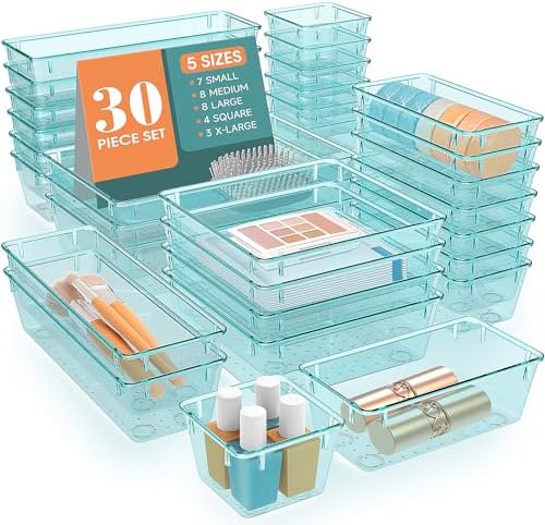 WOWBOX 30 PCS Plastic Drawer Organizer Set, 5 Sizes Desk Drawer Divider Organizers and Storage Bins for Makeup, Jewelry, Gadgets for Kitchen, Bedroom, Bathroom, Office, Sea Blue