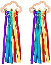 2 Pcs Waldorf Rainbow Hand Ribbon Kite Montessori Wooden Baby Toys Rainbow Twirler Stick with Bell for Babies Toddler Sensory Toys Rings