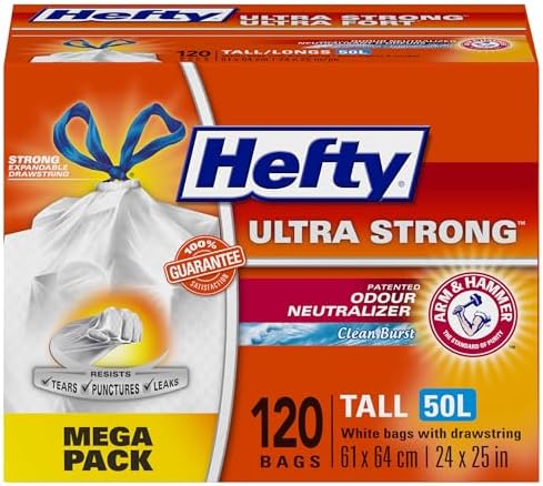 Hefty® Garbage Bags, Ultra Strong Tall 50 Litres White, Drawstring, Arm & Hammer odour neutralizer, 120 Bags