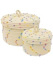 Esme L&amp;H Round Storage Baskets with Lids,Small Storage Baskets Set of 2,Cotton Rope Woven Storage Baskets,Small Decorative Basket, Colorful Rainbow Pompom, Cute Storage Basket, Bins, Box for storage