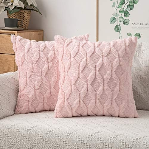 MIULEE Light Pink Throw Pillow Covers 18x18 Set of 2 Spring Decorative Farmhouse Couch Throw Pillows Boho Shells Soft Plush Wool Pillowcases for Bedroom Living Room Sofa