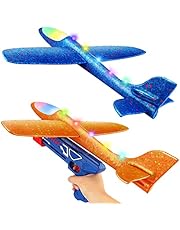 2 Pack Flying Airplane Toys with Launcher,LED Light Foam Glider Planes,Kids Outdoor Toys Yard Games, for 4 5 6 7 8 9 10 Years Old Boys Girls, Airplane Birthday Party Supplies