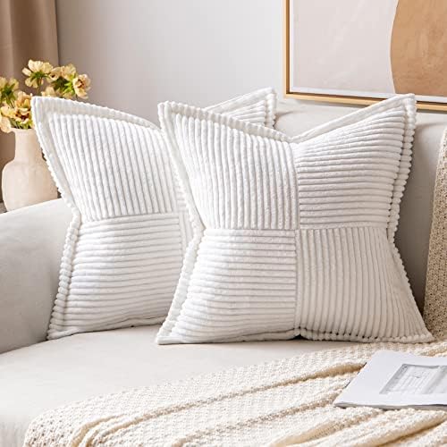 MIULEE Corduroy Pillow Covers with Splicing Set of 2 Super Soft Couch Pillow Covers Broadside Striped Decorative Textured Throw Pillows for Cushion Bed Livingroom 18x18 Inch White