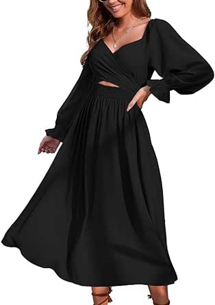 Women Tie Back Long Puff Sleeve Dress Sage Ruffle Wrap Reversible Flowy Casual Midi Dress with Pocket for Party Wedding Beach