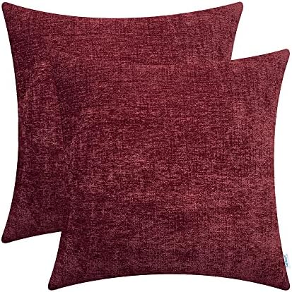CaliTime Pack of 2 Cozy Throw Pillow Covers Cases for Couch Sofa Home Decoration Solid Dyed Soft Chenille 18 X 18 Inches Burgundy