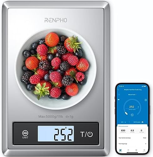 RENPHO Smart Food Scale, Digital Kitchen Scale for Food Ounces and Grams, Food Weight Scale with Nutritional Calculator APP for Keto, Macro, Calorie and Weight Loss, Stainless Steel