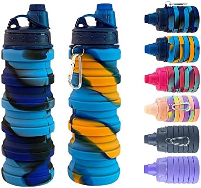 konlongzan Collapsible Water Bottles 2 pack Travel Water Bottle Portable Hiking Water Bottle with Leak proof 500ML Reusable BPA Free Silicone Water Bottles. (Blue Camouflage +Yellow Camouflage)