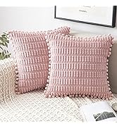 MIULEE Pink Corduroy Decorative Throw Pillow Covers Pack of 2 Pom-pom Soft Boho Striped Pillow Co...