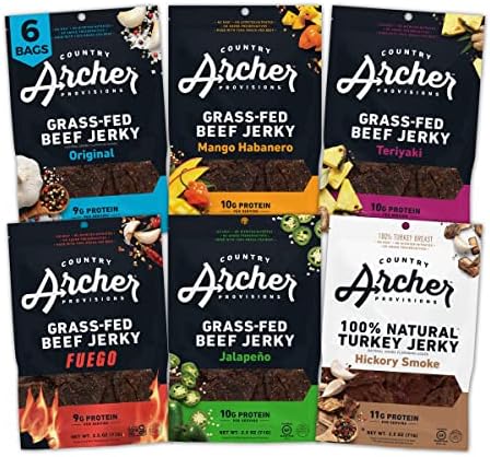 Country Archer Grass Fed Beef Jerky Variety Pack - Beef Jerky Snack Pack, Beef Jerky Gifts for Men, Jerky Sampler, Original, Mango Habanero, Teriyaki, Fuego, Hatch Chili, Turkey Jerky- 2.5 oz (Pack of 6)