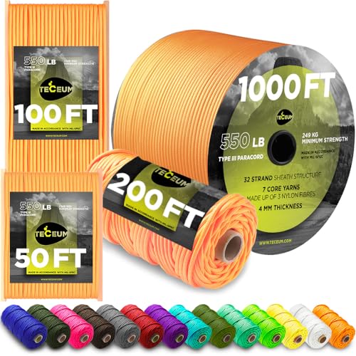 TECEUM Paracord Type III 550 Apricot – 50 ft – 4mm – Tactical Rope MIL-SPEC – Outdoor Para Cord –Camping Hiking Fishing Gear 