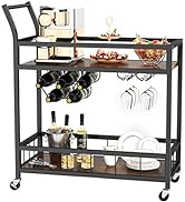 Furmax Bar Cart Home Industrial Mobile Bar Cart Serving Wine Cart on Wheels with Wine Rack and Gl...