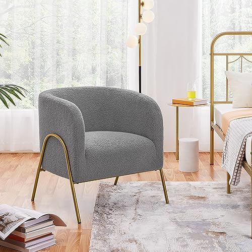 Yaheetech Accent Chair, Modern Barrel Chair, Boucle Fabric Vanity Chair with Golden Legs, Cozy Fuzzy Armchair for Living Room Makeup Room Bedroom Reading Nook Gray