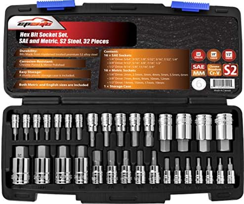 EPAuto 32 PCs Hex Bit Socket Set, SAE and Metric, S2 & Cr-V Steel