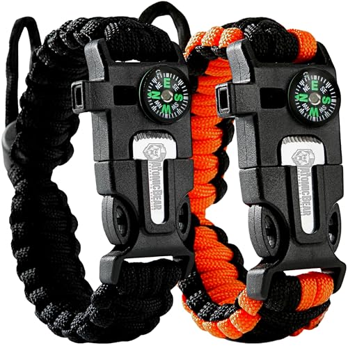 Atomic Bear Paracord Bracelet (2 Pack) - Adjustable - Fire Starter - Loud Whistle - Perfect for Hiking, Camping, Fishing and 