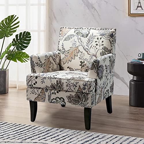 HULALA HOME Modern Accent Chair with Arms and Wooden Legs, Floral Patterned Accent Chair Armchair High Back Rest, Padded Armrest and Comfortable Cushioned Seat for Living Room (Orange Grey Floral)
