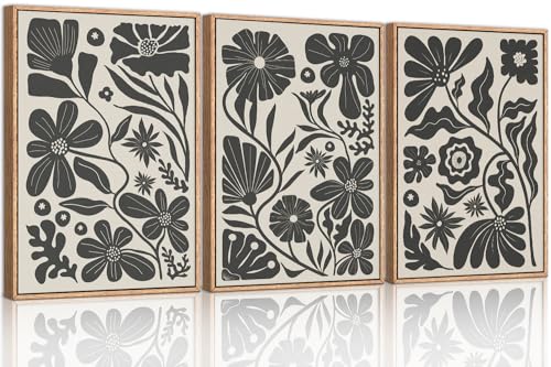 Ausril Black Floral Botanical Framed Canvas Wall Art Set, Abstract Floral Market Wall Decor, Modern Vintage Wall Painting, Bo