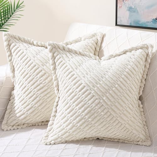 decorUhome Decorative Cream White Throw Pillow Covers 20x20 Set of 2 with Splicing, Boho Soft Corduroy Broadside Twill Pillow Covers for Couch Bed Sofa Living Room