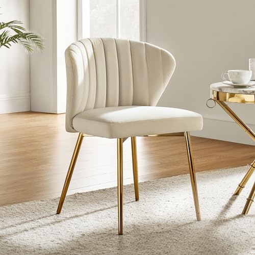 HULALA HOME Velvet Dining Chairs, Modern Small Armless Accent Chair with Gold Metal Legs, Living Room Upholstered Cute Side Chair, Elegant Tufted Back Vanity Chair for Bedroom/Beauty Room-TAN