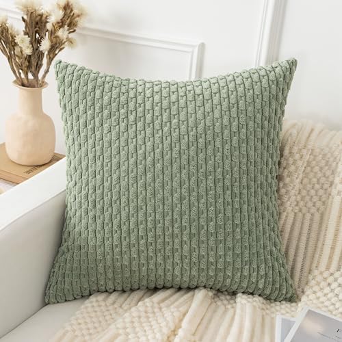 UGASA Soft Corduroy Decorative Pillow Cover 18x18 Inch Boho Striped Throw Pillow Cover Modern Home Decor for Sofa Living Room Couch Bed Sage Green, 1 Piece
