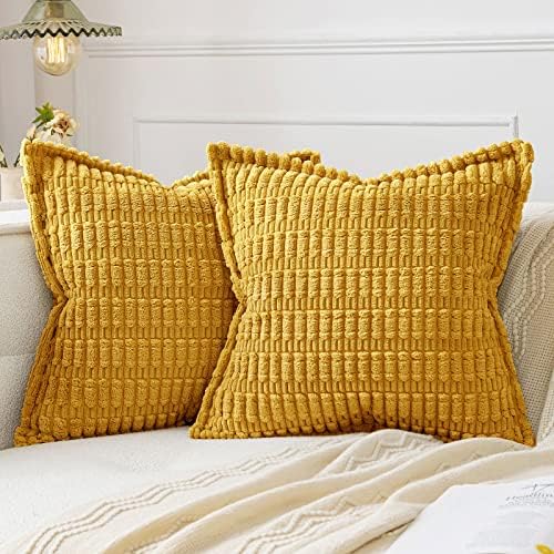 MIULEE Mustard Yellow Corduroy Decorative Throw Pillow Covers Pack of 2 Soft Striped Pillows Pillowcases with Broad Edge Modern Boho Home Decor for Couch Sofa Bed 18x18 Inch