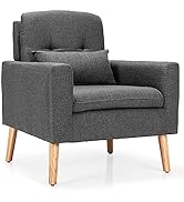 Giantex Upholstered Accent Chair, Linen Fabric Single Sofa Armchair w/Waist Pillow, Solid Wood Le...