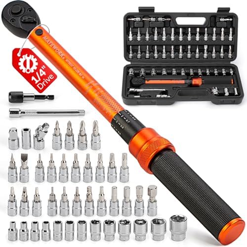 Matework 50PCS Inch Pound Torque Wrench Set, 1/4" Drive Bike Torque Wrench, 10-220 in.lb(1-24.7nm) Click Bicycle Torque Wrench 72-Tooth Ratchet with Bit Sockets, Adapters, for MTB, E-Bike, Motorcycle