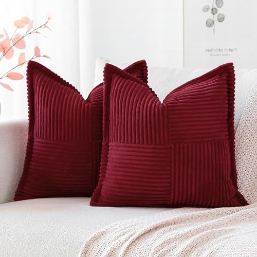 OTOSTAR Set of 2 Corduroy Throw Pillow Covers with Splicing Super Soft Boho Striped Pillow Covers Broadside Decorative Textured Throw Pillows for Couch Sofa Bed Living Room 18x18 Inch, Burgundy