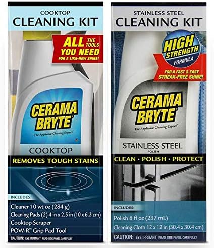 Cerama Bryte Stainless Steel Cleaner for Appliances + Cooktop and Stove Top Cleaner, 10 Ounce + 8 Fluid Ounce, POW-R Grip, Scraper, Pad + Cleaning Cloth