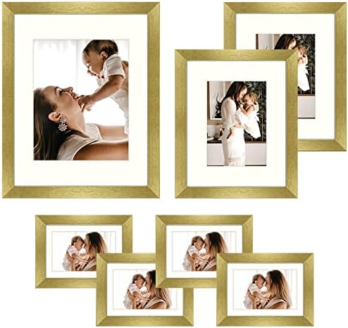Frametory, Gallery Wall Frame Set of 7 Multiple Sizes 11x14, 8x10, 5x7 Picture Frame Collage with Ivory Color Mat for Prints, with Real Glass (Gold)