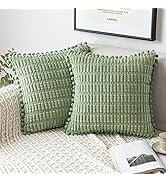 MIULEE Sage Green Corduroy Decorative Throw Pillow Covers Pack of 2 Pom-pom Soft Boho Striped Pil...