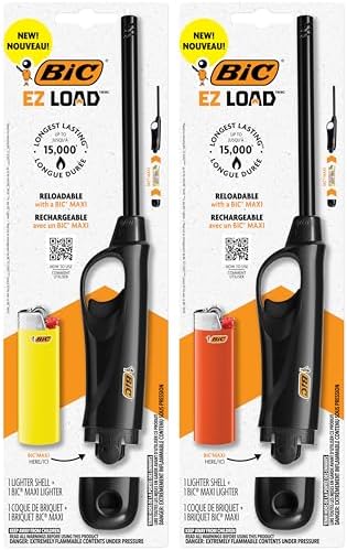 BIC EZ Load Lighter, Reloadable Multi Purpose Lighter, Great to Use as a Utility Lighter or Camp Lighter, Set of 2 Packs with 1 BIC EZ Load Long Lighter Shell and 1 BIC Maxi Pocket Lighter