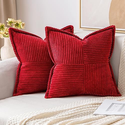 MIULEE Red Corduroy Pillow Covers with Splicing Set of 2 Super Soft Boho Striped Pillow Covers Broadside Decorative Textured Throw Pillows for Couch Cushion Livingroom 18x18 inch