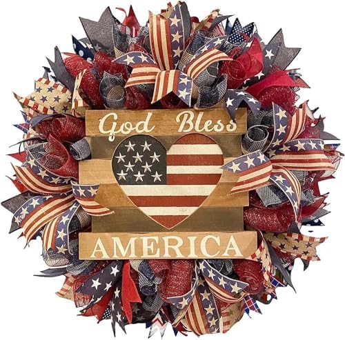 Americana Patriotic Wreath for Front Door - Fourth of July Decorations - Red, White, and Blue Wreaths for Front Door Outside - Indoor Outdoor Home Party Decor - Festive Independence Day Garland (A)