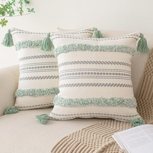 BUIOVBEY Boho Throw Pillow Covers 18x18 Set of 2 Woven Tufted Farmhouse Pillows Cover with Tassels Textured Striped Cushion Case Neutral Pillow Cases Decorative Pillowcase for Couch, Bed, Light Green