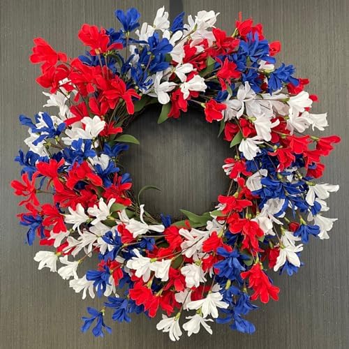 TOKCARE 4th of July Wreath 24 inch America Patriotic Door Wreath Red White and Blue Berry Forsythia Wreath Handcrafted Memorial Day Wreath Summer Front Door Wreath Grapevine Wreath Wall Home Decor