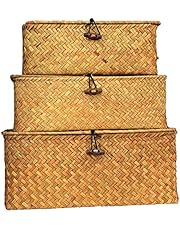 Set of 3 Seagrass Woven Rattan Rectangular Storage Shelf Basket with Lid Multipurpose Organizer Boxes for Clothes, Makeup, Books and Shelves(Natural,Small/Medium/Large) (Orange)
